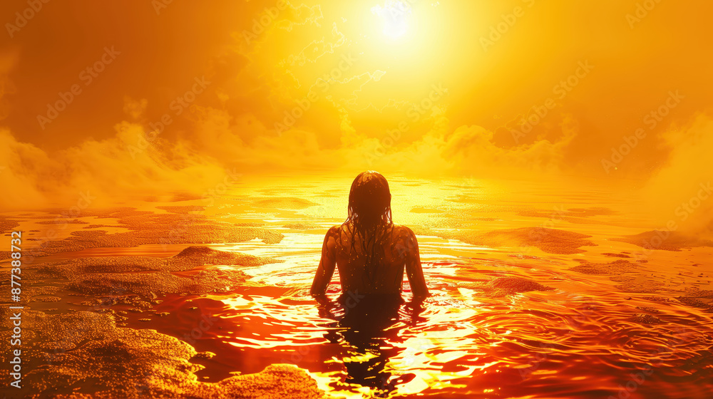 Serene Woman Bathing in Golden Sunset Ocean