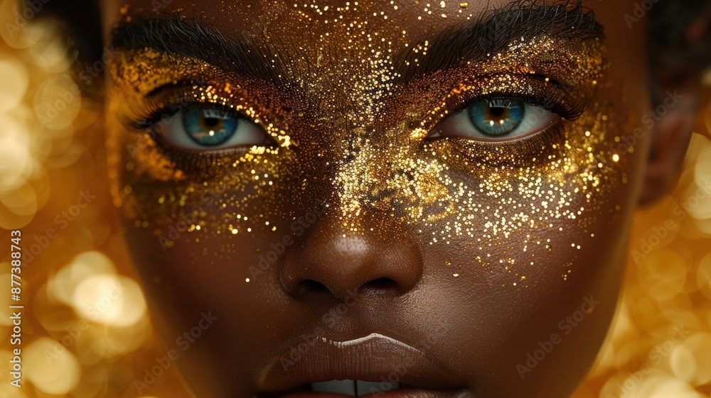 Mesmerizing Close-Up Portrait of a Woman with Dark Skin Adorned in Sparkling Gold Face Paint, Highlighting Her Striking Blue Eyes and Intense Gaze, Against a Stunning Golden Bokeh Backgroundsparkling Mesmerizing Close-Up Portrait of a Woman with Dark Skin Adorned in Sparkling Gold Face Paint, Highlighting Her Striking Blue Eyes and Intense Gaze, Against a Stunning Golden Bokeh Backgroundsparkling