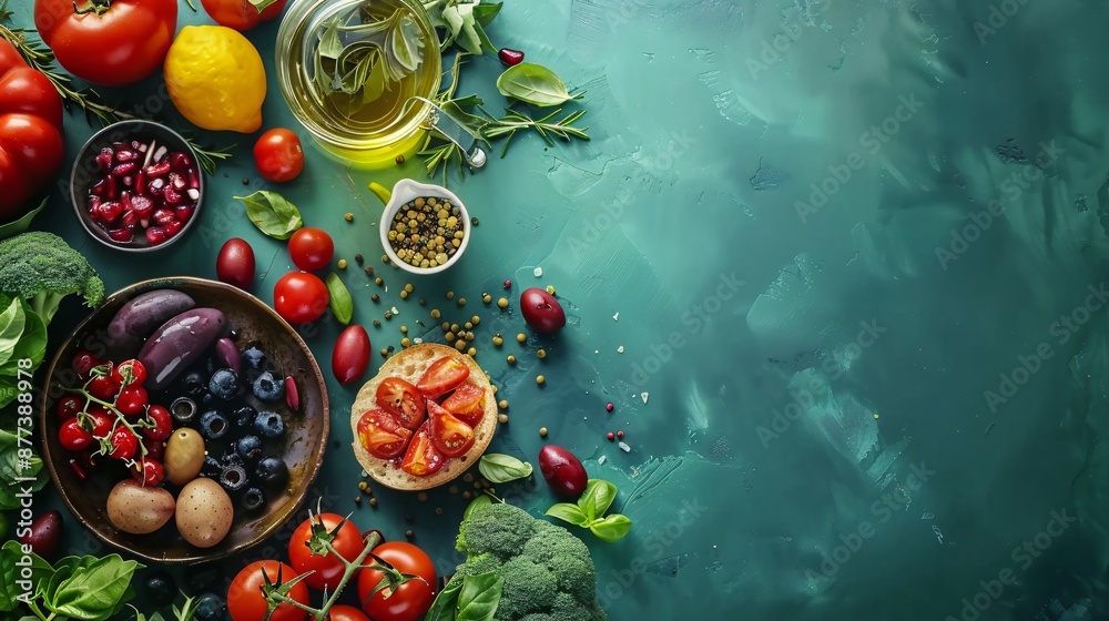 Fototapeta premium Mediterranean diet foods including legumes, lean proteins, and leafy greens.