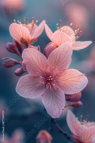 Close-up of delicate pink cherry blossom flowers in full bloom during springtime with soft focus, showcasing intricate petal detailsflower photo