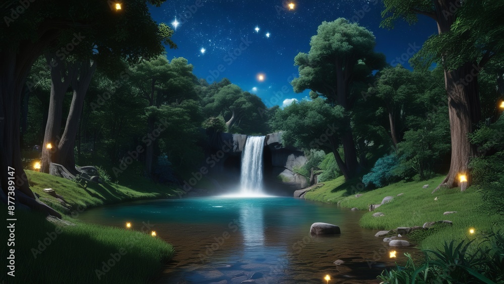 Magical Forest Waterfall Night Scene with Glowing Lanterns and Starry Sky Magical Forest Waterfall Night Scene with Glowing Lanterns and Starry Sky