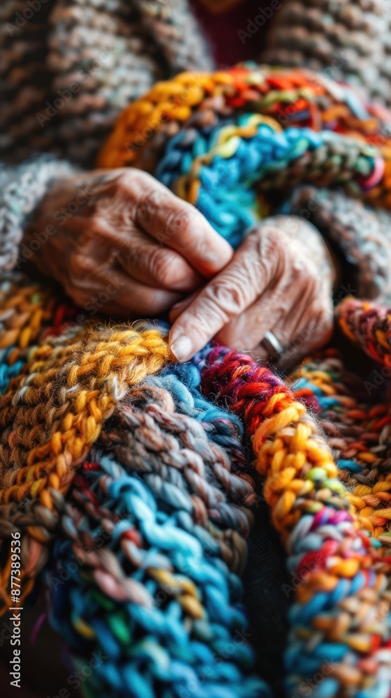 Close-up of Elderly Hands Holding a Multi-Colored Knit Blanket Close-up of Elderly Hands Holding a Multi-Colored Knit Blanket