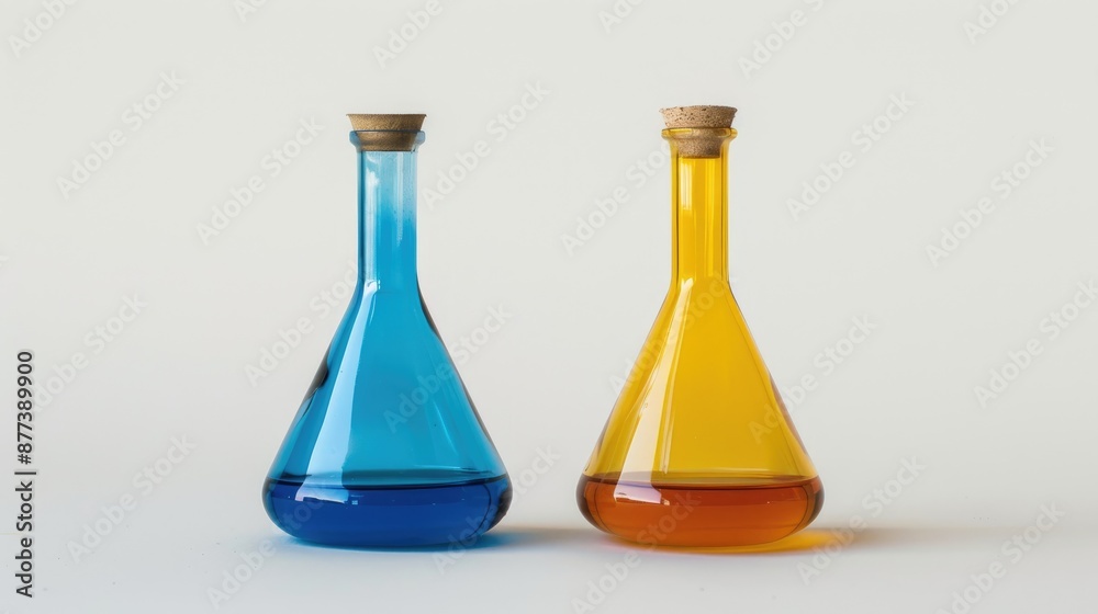 Two colored liquid flasks against white backdrop Two colored liquid flasks against white backdrop