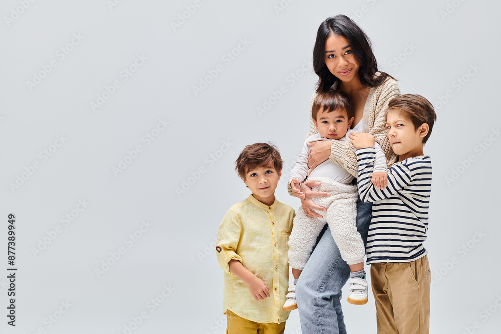 A young Asian mother tenderly cradles children in her arms, conveying love and protection in a studio setting on a grey background. A young Asian mother tenderly cradles children in her arms, conveying love and protection in a studio setting on a grey background.