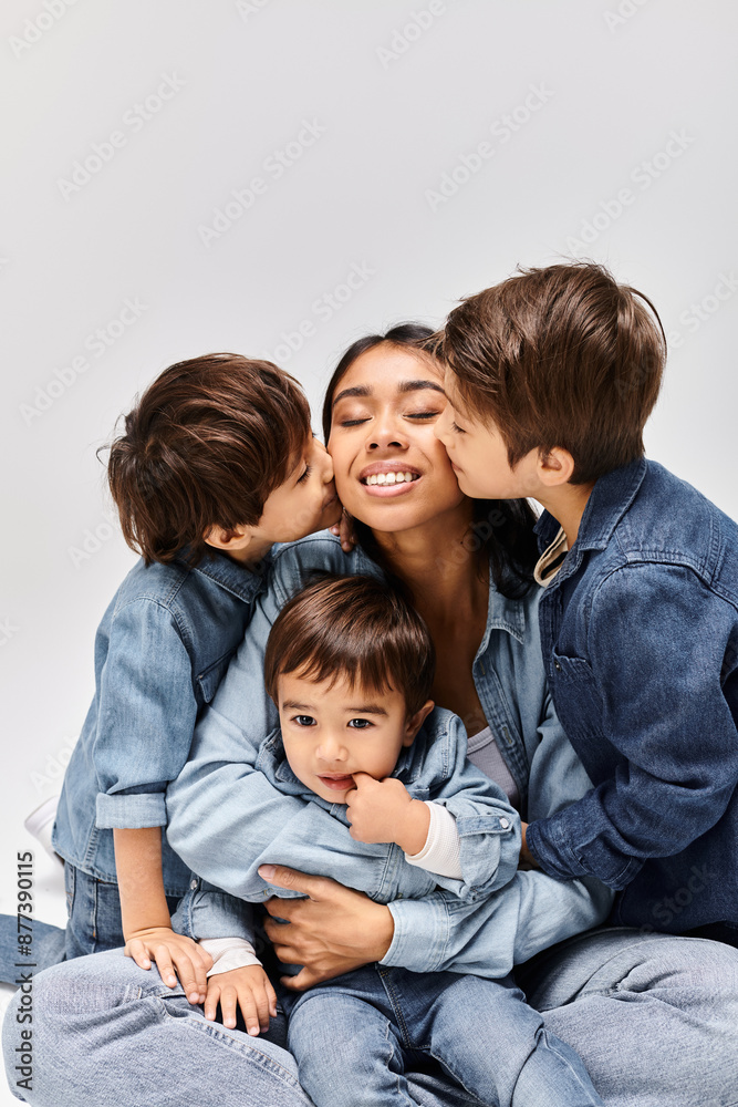 A young Asian mother is sitting on the ground with her children, all wearing denim clothes, creating a close bond. A young Asian mother is sitting on the ground with her children, all wearing denim clothes, creating a close bond.