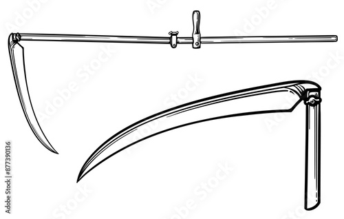 Farm scythe icon. Vector illustration of a scythe.