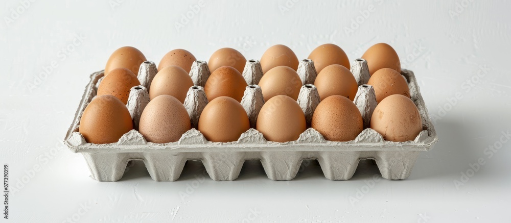 Egg carton holding ten eggs set against a white backdrop with room for text or images. Copy space image. Place for adding text and design Egg carton holding ten eggs set against a white backdrop with room for text or images. Copy space image. Place for adding text and design