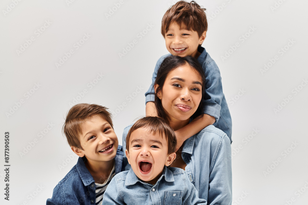 A group of children, including a young Asian mother and her little sons, dressed in denim outfits, are posing for a picture in a grey studio. A group of children, including a young Asian mother and her little sons, dressed in denim outfits, are posing for a picture in a grey studio.