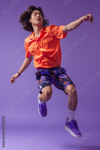 A full body shot of an asian male model wearing white socks, a red shirt and black shorts with a patterned design jumping in the air wearing purple shoes, against a purple background with studio light