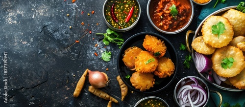 Delicious Indian snacks like spicy mirchi bajii and masal vada chana daal served with onion chops and chutney in a copy space image photo