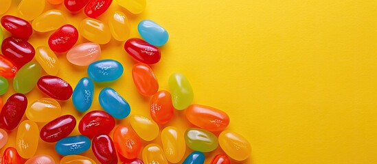 Top view of a colorful assortment of sweet jelly beans on a vibrant yellow background with space for adding text or other elements in the image. Copy space image. Place for adding text and design