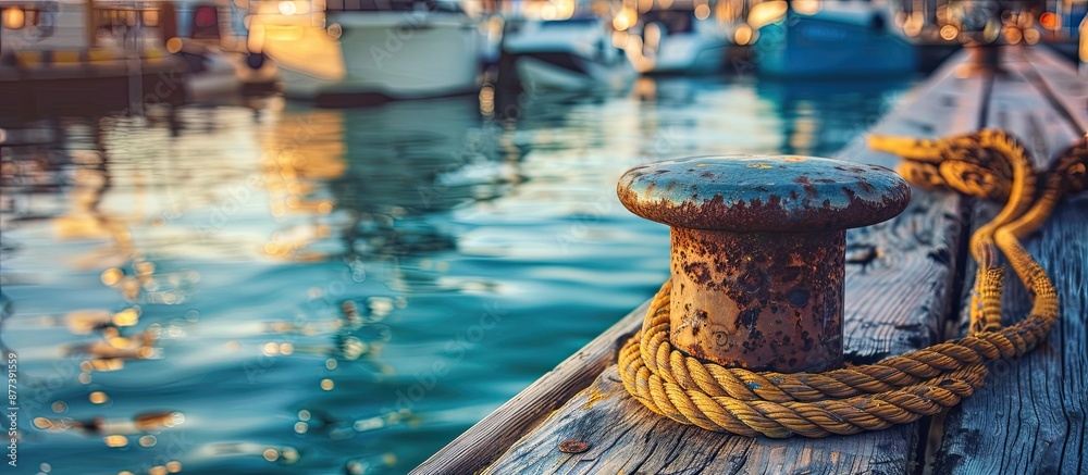Metal mooring with ropes in the harbor creating a picturesque scene with ample copy space image Metal mooring with ropes in the harbor creating a picturesque scene with ample copy space image