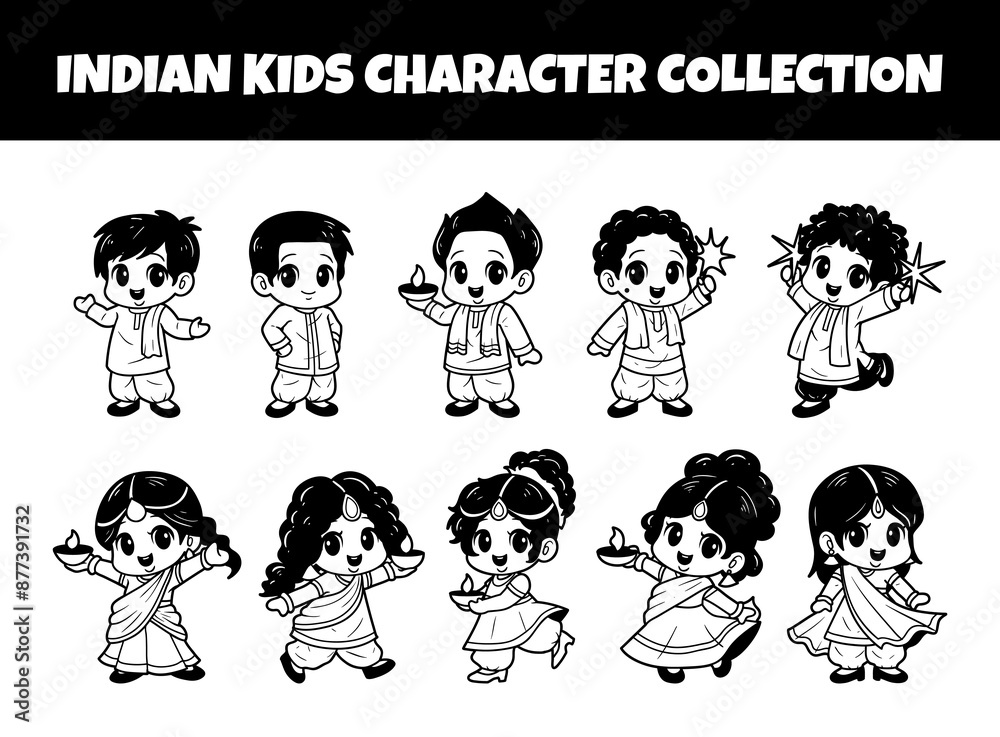 Indian kids character outline set vector illustration Indian kids character outline set vector illustration