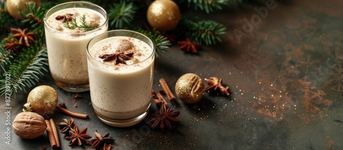 Homemade Christmas eggnog a traditional festive drink enjoyed globally is known by various names like Auld Man s milk coquito and Eierlikor often garnished with nutmeg with copy space image photo