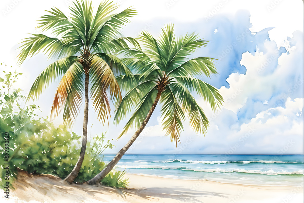 Fototapeta premium Holiday summer travel vacation illustration - Watercolor painting of palms, palm tree on teh beach with ocean sea, design for logo or t shirt, isolated on white background 