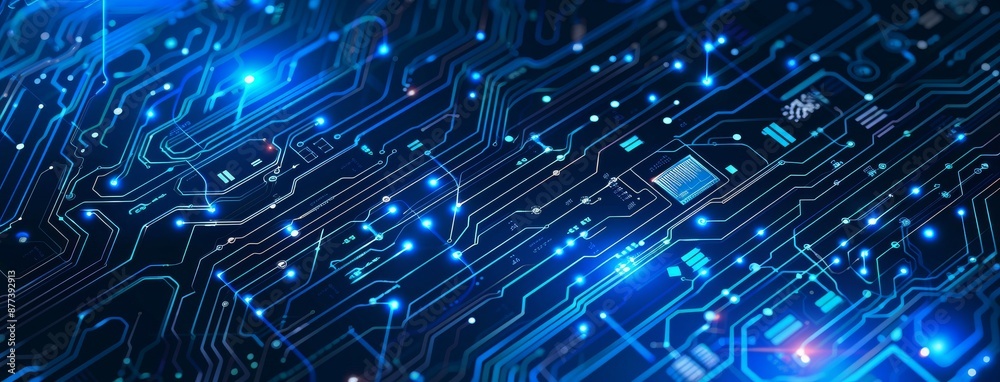 Close-up of a blue circuit board background with intricate electronic patterns and glowing connections Close-up of a blue circuit board background with intricate electronic patterns and glowing connections