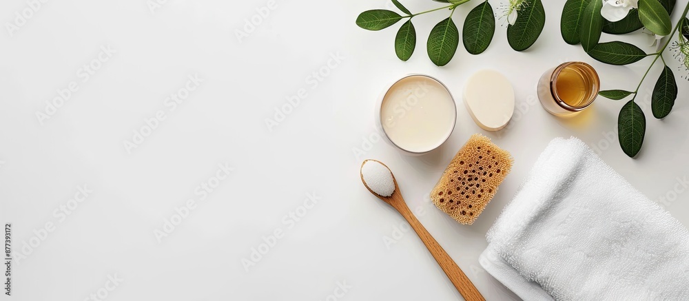 Top view of bath accessories like a washcloth towel and soap arranged on a white surface with copy space image promoting daily body care with organic products Top view of bath accessories like a washcloth towel and soap arranged on a white surface with copy space image promoting daily body care with organic products