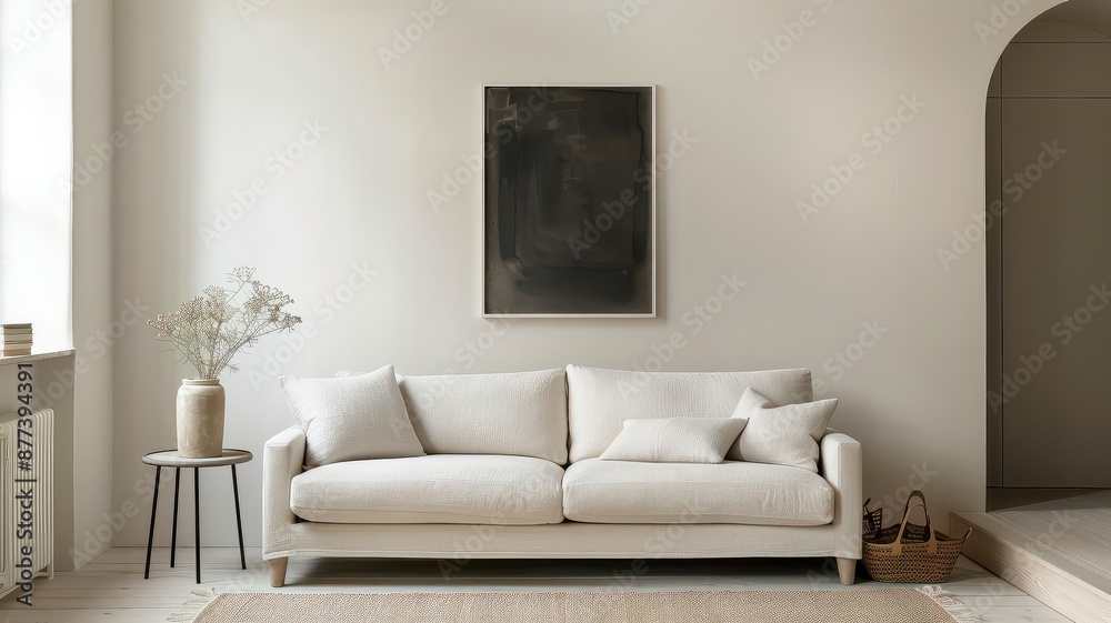 Cozy living room featuring a white linen sofa with plush cushions, set against a rustic wooden plank wall. The space is accented with a wicker basket, dried flowers, and industrial-style lighting Cozy living room featuring a white linen sofa with plush cushions, set against a rustic wooden plank wall. The space is accented with a wicker basket, dried flowers, and industrial-style lighting