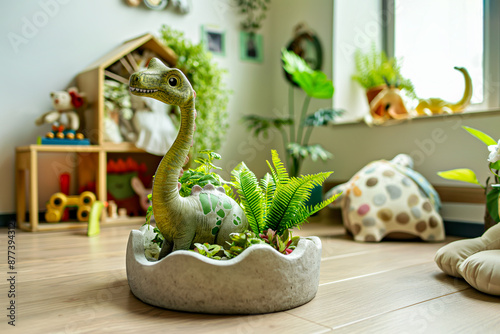 Kinderzimmer mit Dinosaurier-Spielzeug und Pflanzen in gemütlicher Atmosphäre photo