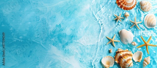 Summer vacation vibe with seashells starfish and a tranquil blue water backdrop for a relaxing holiday getaway Ideal copy space image for banners