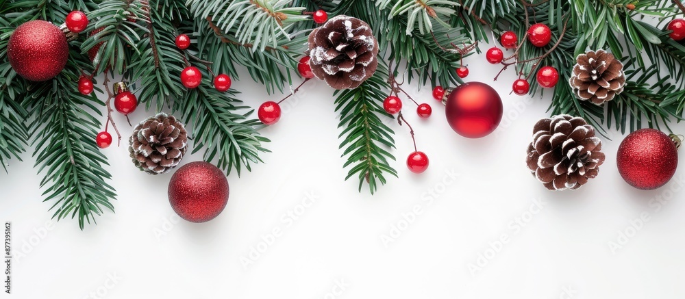 Festive Christmas border featuring adorned fir tree branches against a copy space image Festive Christmas border featuring adorned fir tree branches against a copy space image