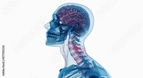 3D rendered human head and neck anatomy with visible skull and brain #877395336