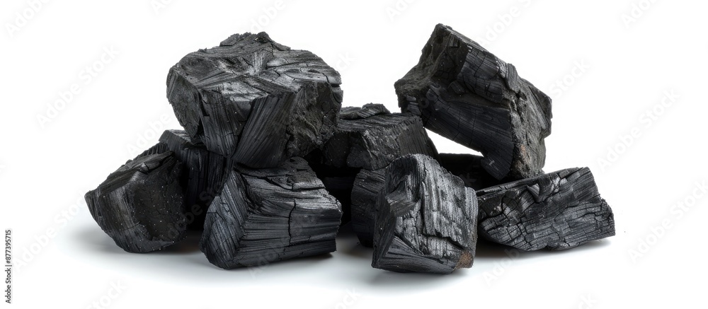 Close up view of a stack of coals or black charcoal isolated on a white background with ample copy space image Close up view of a stack of coals or black charcoal isolated on a white background with ample copy space image