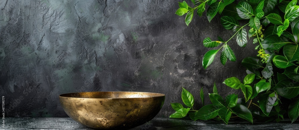 Concrete background with an antique brass bowl and lush green plant for a copy space image Concrete background with an antique brass bowl and lush green plant for a copy space image