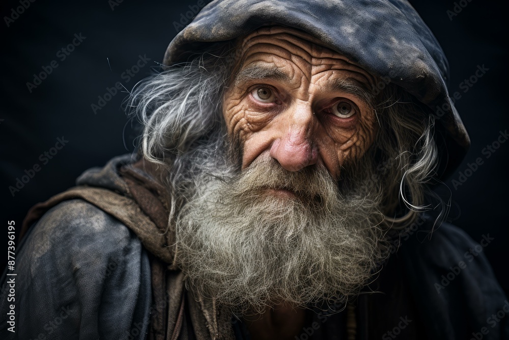 Close-up of a senior man with deep wrinkles and a thoughtful gaze, on a dark background Close-up of a senior man with deep wrinkles and a thoughtful gaze, on a dark background