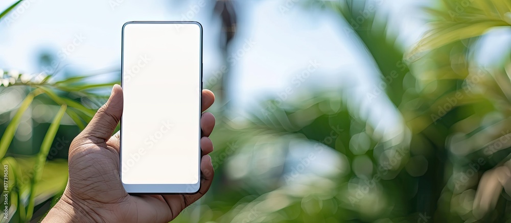 A man s hand using a smartphone outdoors on a bright summer day with a blank space for text or images in the background. Copy space image. Place for adding text and design A man s hand using a smartphone outdoors on a bright summer day with a blank space for text or images in the background. Copy space image. Place for adding text and design