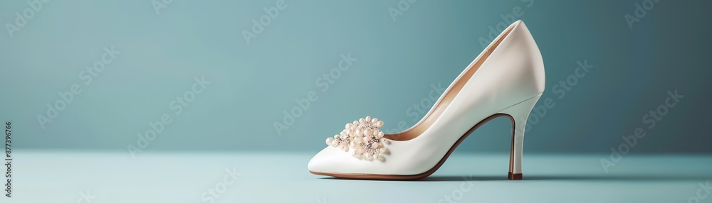 Elegant white high-heeled bridal shoe with decorative embellishments on a light blue background, perfect for wedding and fashion themes. Elegant white high-heeled bridal shoe with decorative embellishments on a light blue background, perfect for wedding and fashion themes.
