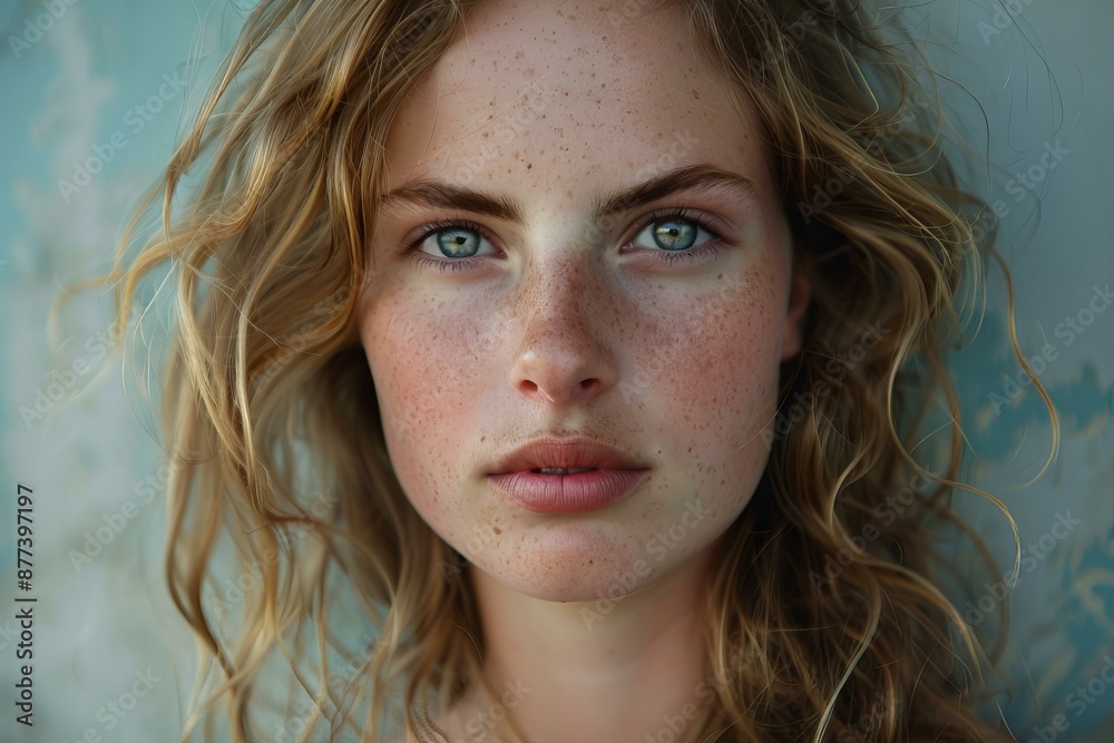 Beautiful young woman with freckles and blue eyes is posing in front of a blue wall Beautiful young woman with freckles and blue eyes is posing in front of a blue wall