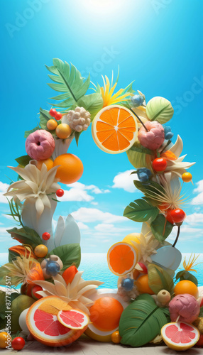 Colorful Wreath Made of Various Tropical Fruits and Flowers with a Serene Ocean View in the Background photo