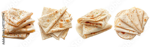 Four different types of flatbreads are piled on top of each other, isolated on transparent background