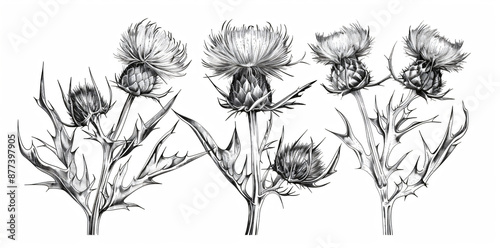 
Set of hand drawn illustration of thistle plant, vector illustration on white background. Sketch of botanical th hinges with leaves and flower isolated