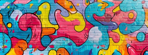 Bright and energetic graffiti on a smooth brick wall background, filled with playful shapes.  © Chuemon