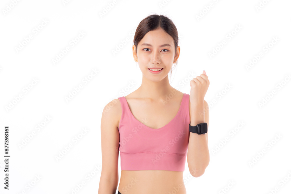 Happy young asian woman looking and show smartwatch for exercise and aerobics with cardio isolated on white background, female looking smart watch while workout with health, sport concept. Happy young asian woman looking and show smartwatch for exercise and aerobics with cardio isolated on white background, female looking smart watch while workout with health, sport concept.