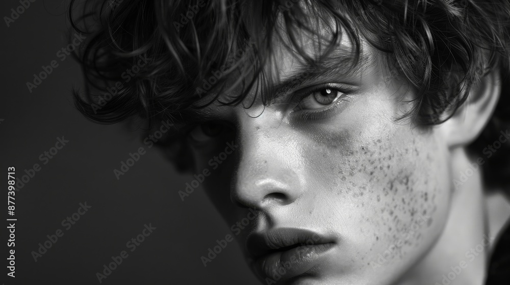 Portrait of a young man with tousled hair and freckles, his piercing gaze captivating the viewer in black and white. Portrait of a young man with tousled hair and freckles, his piercing gaze captivating the viewer in black and white.
