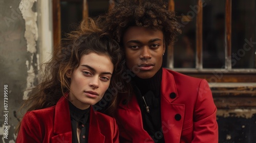 Velvet Romance: Interracial couple in matching red velvet jackets, exuding a blend of modern style and timeless elegance against a vintage urban backdrop. 