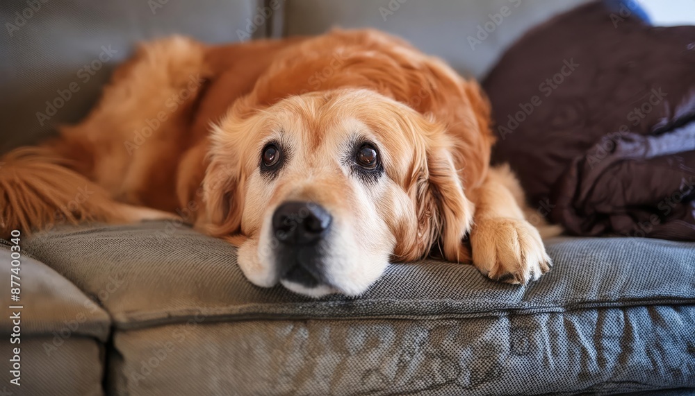 An old golden retriever dog lying on a sofa looking up with his eyes , generated by AI. High quality photo An old golden retriever dog lying on a sofa looking up with his eyes , generated by AI. High quality photo