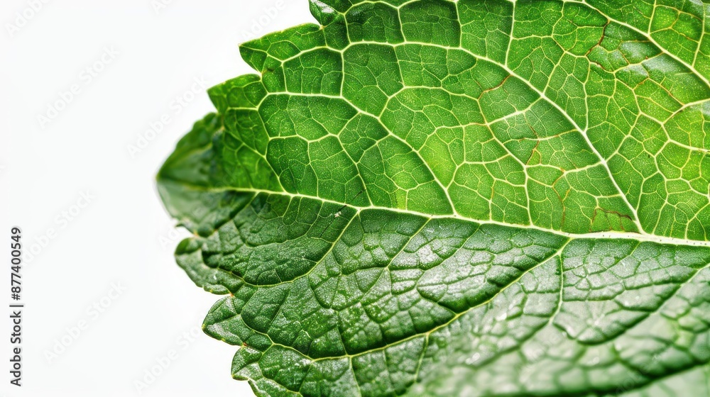 Fototapeta premium closeup of a mint leaf, botanical element, photographic detail, bright green, isolated on white background