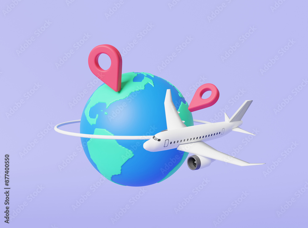 Fototapeta premium Earth globe with airplane concept about Tourism and Travel. Airplane trip planning, Trips and flights, vacations abroad, flights abroad, Traveling around the world, journey. 3d render illustration