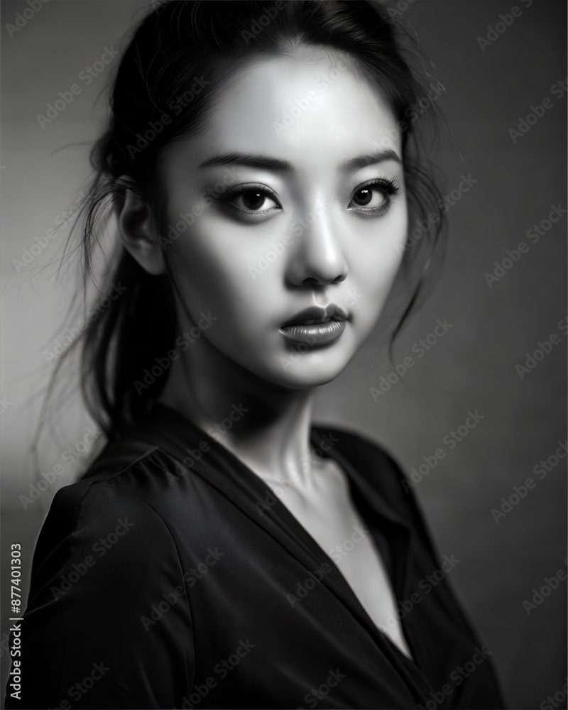 Fototapeta premium young asian woman , wearing long neck sweater, Korean makeup look, professional profile photo shoot, black and white themes 