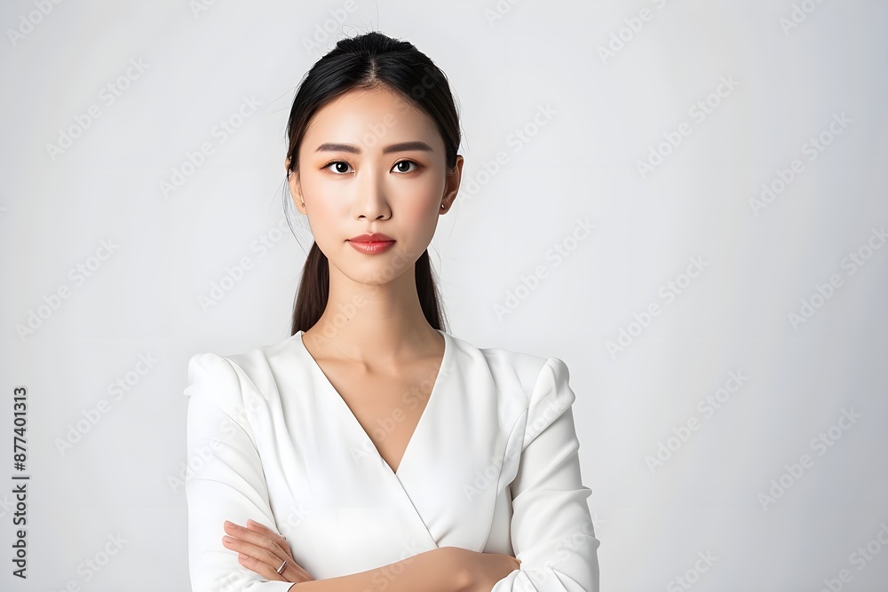 Asian businesswoman, with a pure white background, elegant white dress and has her arms folded across her chest Asian businesswoman, with a pure white background, elegant white dress and has her arms folded across her chest