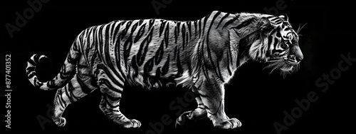 
A tiger walking towards the camera on a black background, in black and white, with high contrast, as a full body shot, in a hyper realistic photo