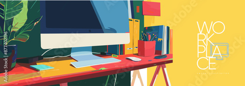 Workplace. Vibrant Workspace with Desktop Computer - Vector Illustration. Bright colors, organized desk, and modern setup. Ideal for productivity, home office, and creative workspace themes