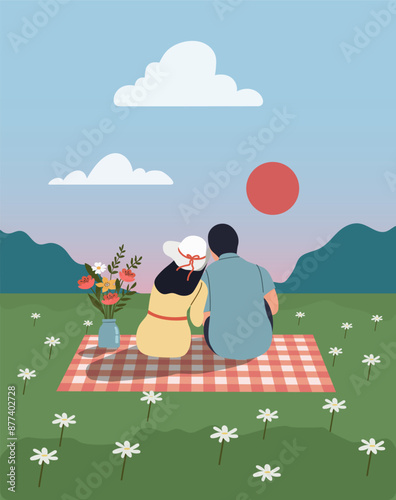 Loving couple looks at the sunset. Picnic scene. Flat style cartoon vector illustration.