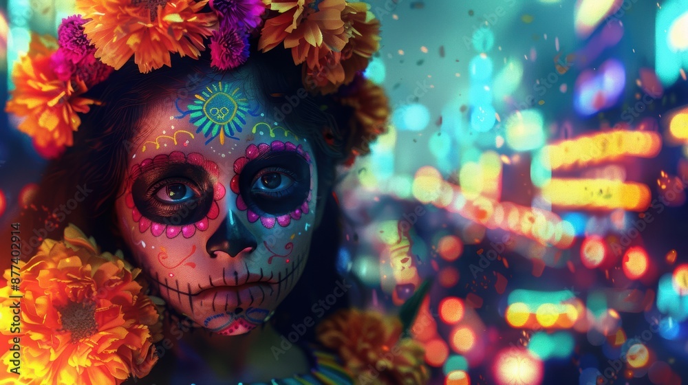 Vibrant Dia de Muertos Child Amid Cyberpunk City - Marigolds, Neon Lights, Face Paint for Day of the Dead Celebration Vibrant Dia de Muertos Child Amid Cyberpunk City - Marigolds, Neon Lights, Face Paint for Day of the Dead Celebration