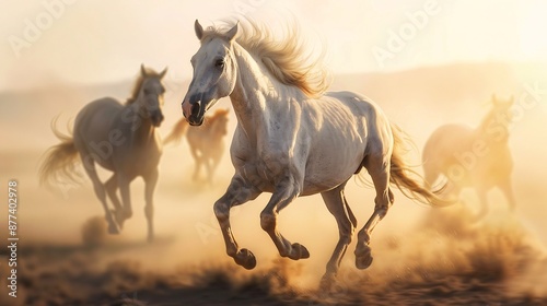 Herd of horses kicking up sand as they gallop in the desert.