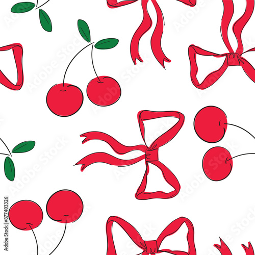 Cherry and bow pattern seamless, Hand Drawn cherry design print for textile and paper vector illustration